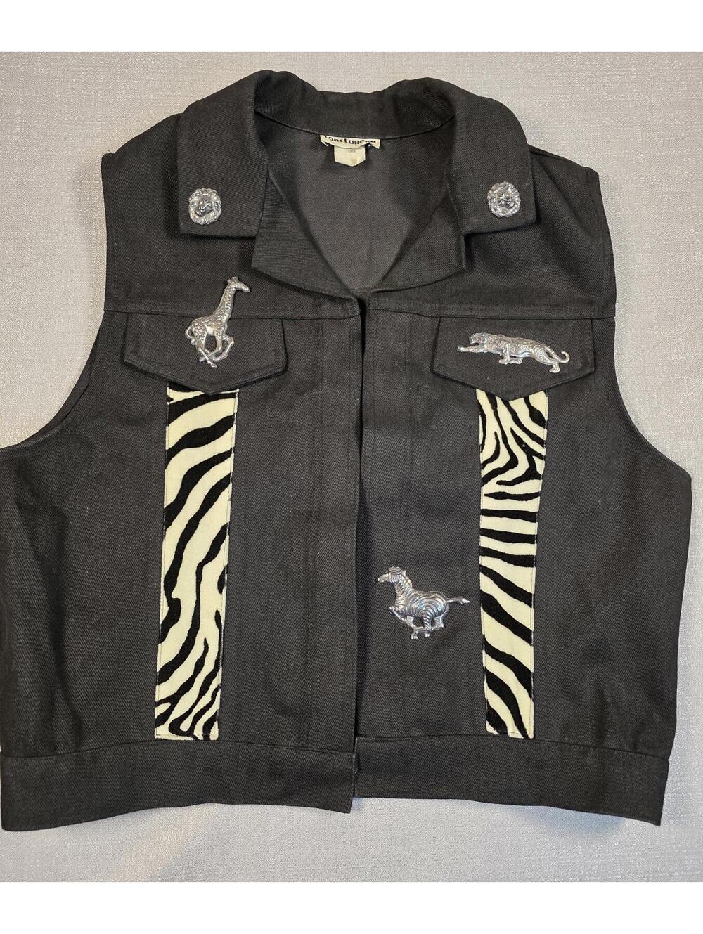 Vintage Black Animal Embellished Vest with Zebra Print Accents
